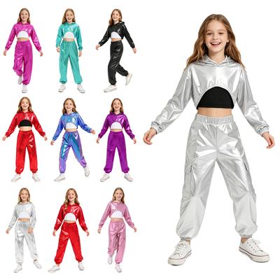 Kinder Hip Hop Jazz Tanzkostüm Cropped Metallischer Hoodie Asymmetrisch mit rückenfreier Weste und Glänzender Hose für Bühnenwettkampf