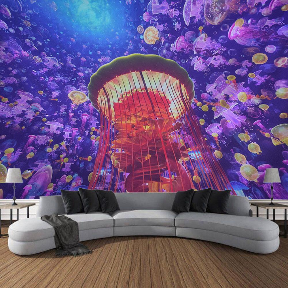Underwater Jellyfish Wall Tapestry, Dreamy Cartoon Style, Children's Room Background Poster, Home Decoration Mural, Bed Sheets
