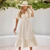 Women Spring Solid Color V-Neck Short Lotus Leaf Sleeve Dress Summer Casual A-Line High Waist Long Dresses S-XL