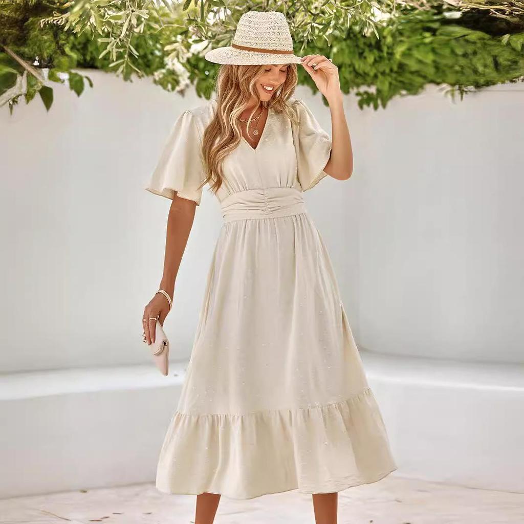 Women Spring Solid Color V-Neck Short Lotus Leaf Sleeve Dress Summer Casual A-Line High Waist Long Dresses S-XL