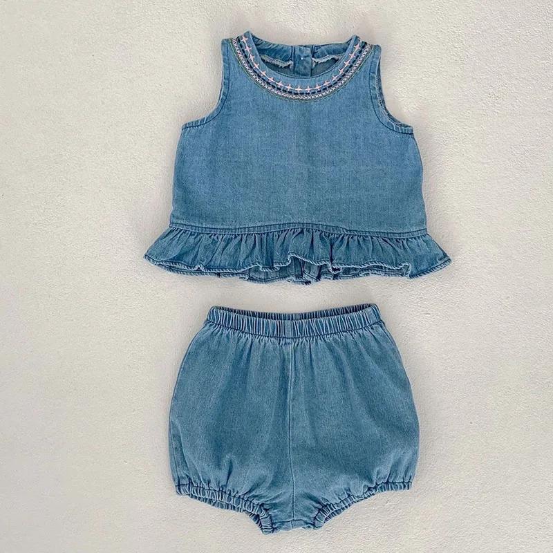 2025 New Summer 0-3Yrs Children Clothes Suit Sleeveless Solid Color Denim Vest+Shorts Newborn Baby Girls Clothing Set
