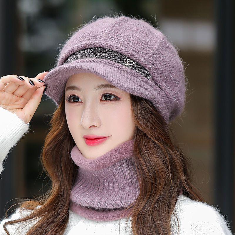 Strickmütze Damen Vielseitige Mütze Schal Zweiteiliges Set Winter Geeignet für großes Gesicht Warm und Samt Mutterhut