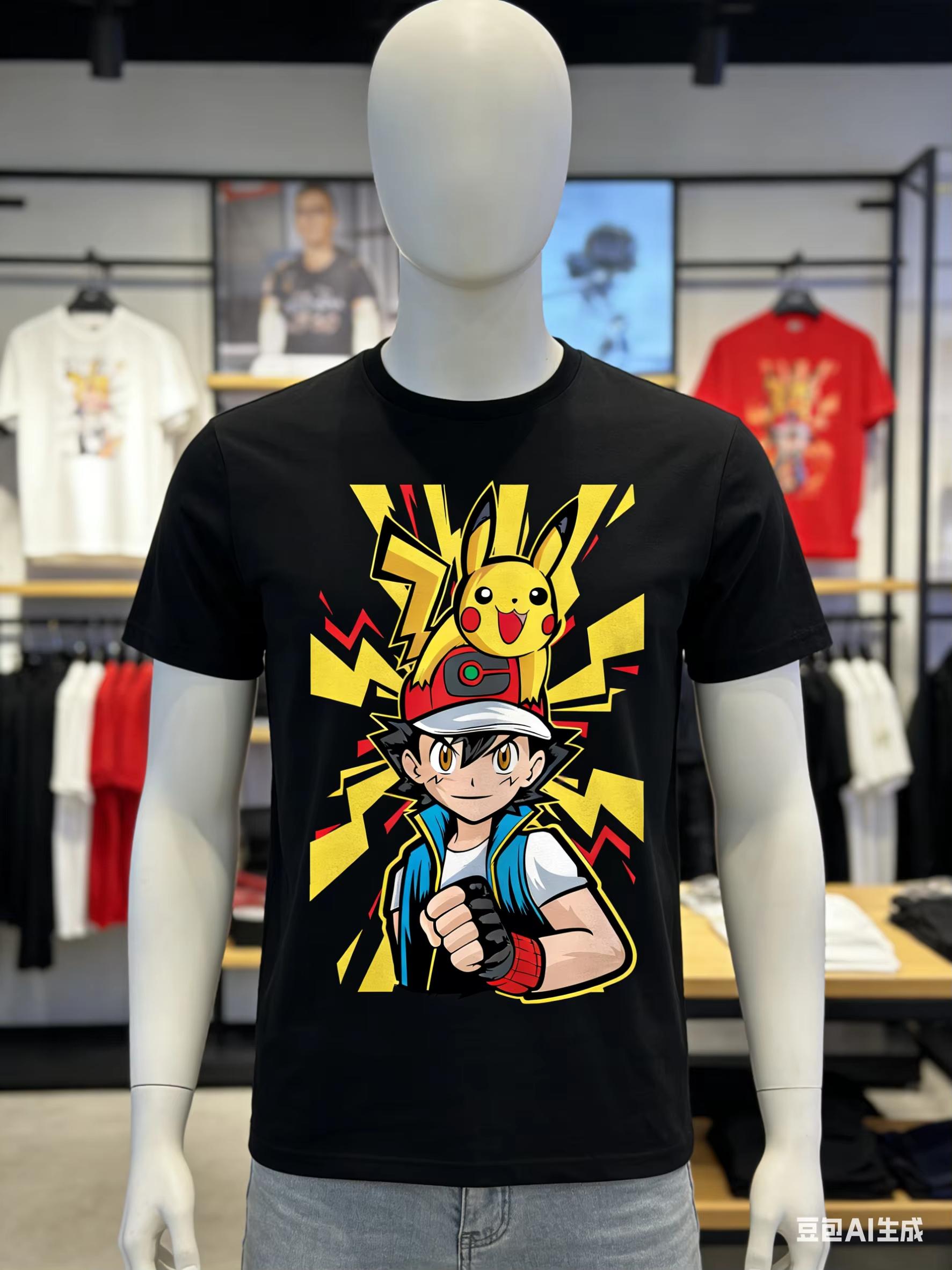 

2026 New Loosefit highquality cotton Pokémon Tshirt Little Zai is wearing a red hat and has Pikachu on his shoulder S
