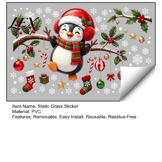 Non Adhesive Window Film Christmas Static Cling, Penguin Decal with Holly Baubles Snowflakes, Party Displays Festive Decor for Home Living Room