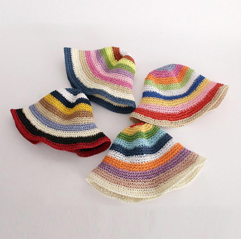 Women's Spring and Summer Korean Style Fashionable Colorful Pure Hand Crocheted Woven Fisherman Hat Vacation Foldable Sun Protection Sunshade Hat