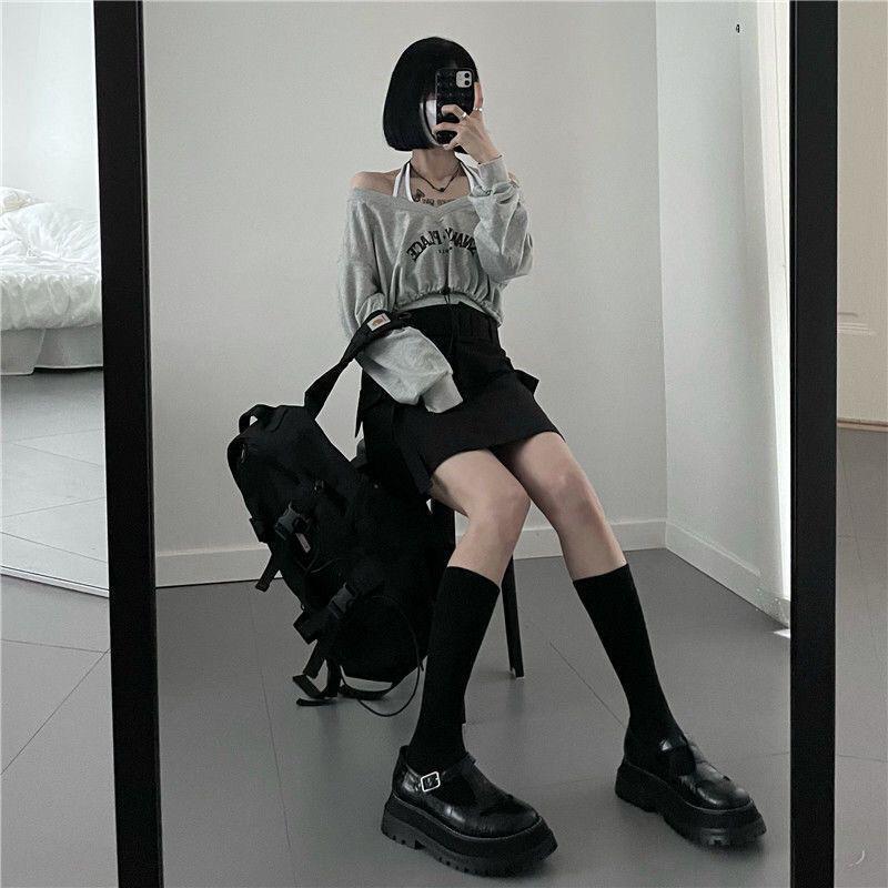 Korean Spring One-Shoulder Two-Piece: Long Sleeve Sweater & Navel-Length Halter Top