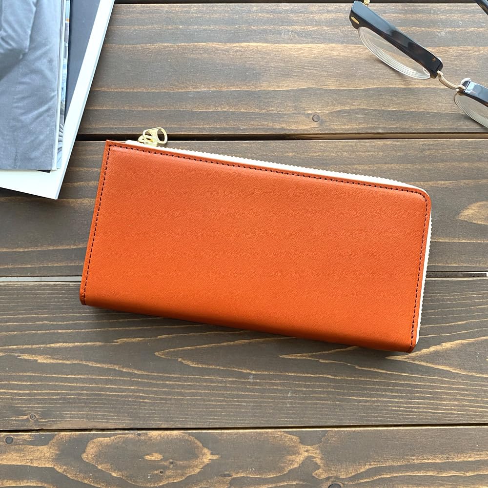 PAIDiA Men's L-Shaped Long Wallet, Genuine Leather, Coin Purse, Card Holder, Tochigi Leather, P099 (Orange)