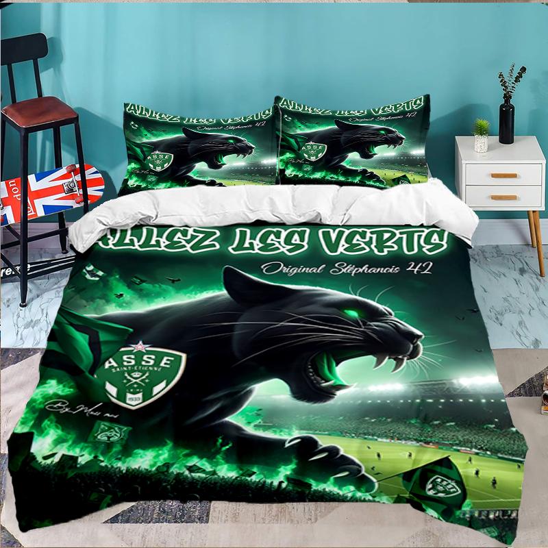 3PCS Green Saint-Etienne Football Bedding set,Ideal for1pc Duvet Cover And 2pcs Pillowcases Perfect for Christmas gift,Ideal for Bedroom, Dormitory