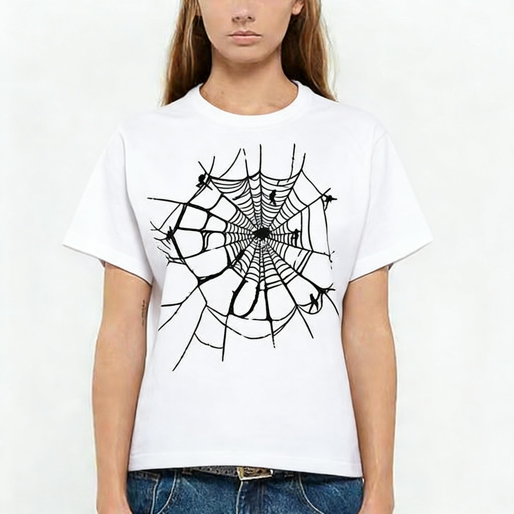 

2026 New Fashion Spider Web Street Trend Print Fashion Spring Unisexs Short Sleeve ParentChild Loose and Comfortable TShirt S