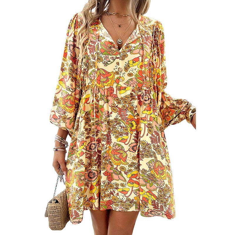 

Весна Новое Праздничное Платье с V-образным вырезом и пышными рукавами Женское 2025 Мода Мода Цветочный принт Завышенная талия Короткая юбка Yellow Size S fit (45.00 kg-55.00 kg