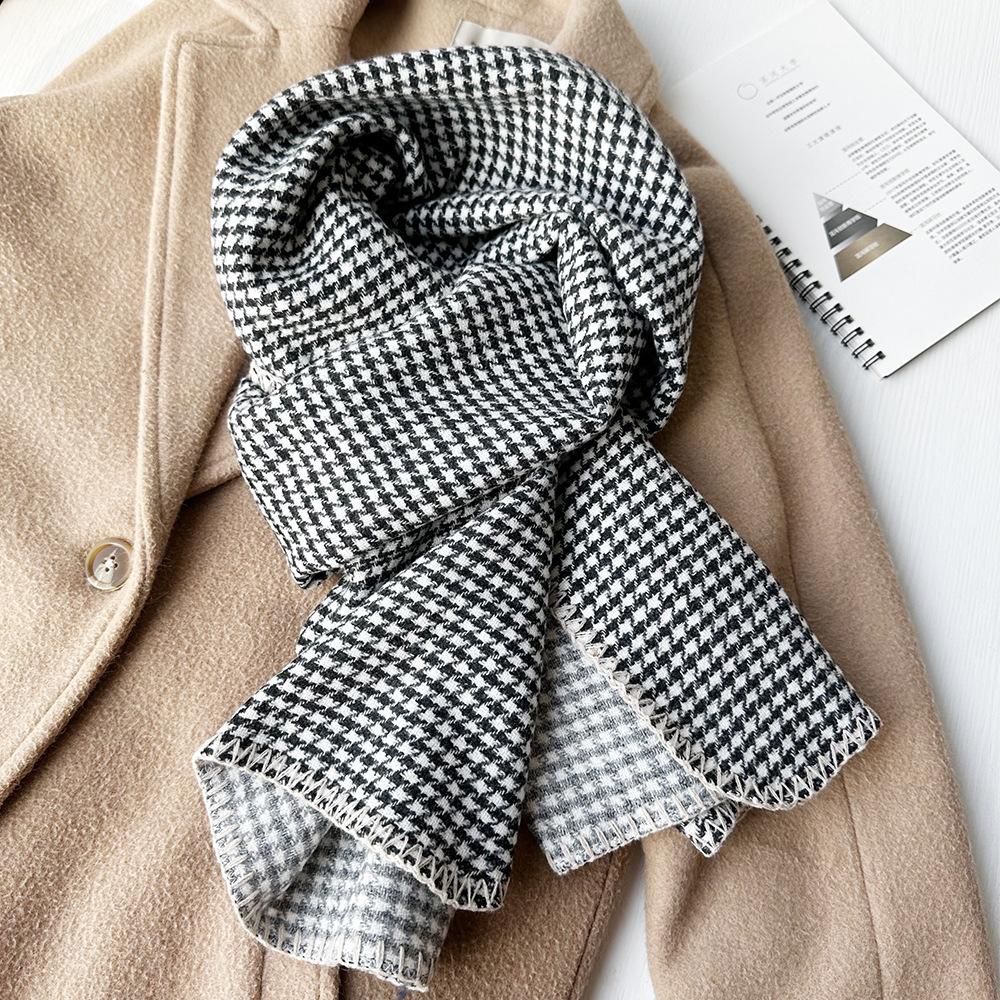 

Узкая версия двусторонний шарф в клетку «тысяча птиц» женский зимний простой парный шарф с ручной обвязкой края мягкий ворсистый утолщенный шаль-шарф 190*47cm