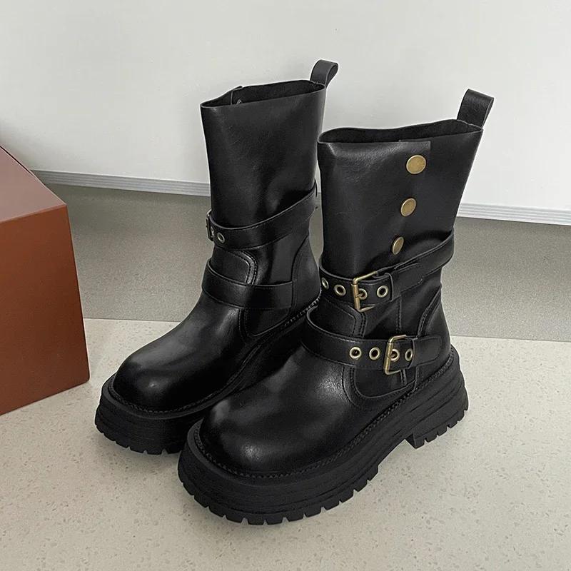 Winter Platform Women Thigh High Boots Fashion Belt Buckle Long Booties Vintage Square Low Heels Ladies Shoes