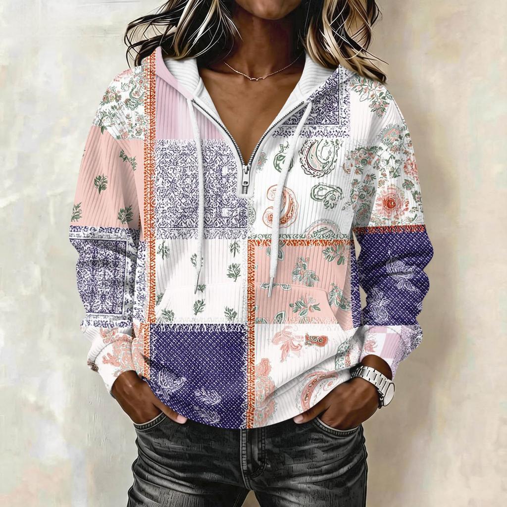 Women's Long Sleeve Patchwork Print Hoodie with for Casual Wear