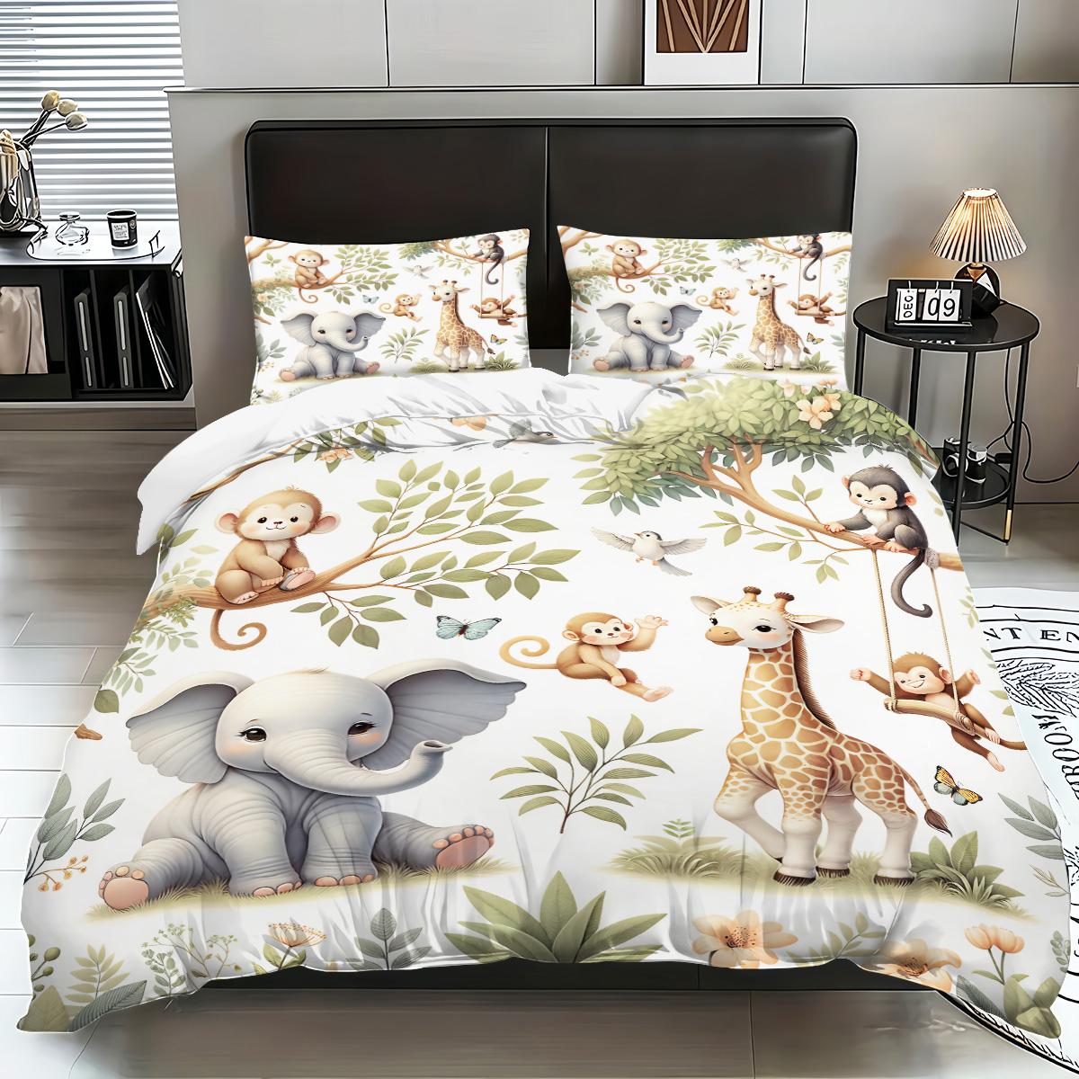 

3pcs Duvet Cover Set King Size,Cartoon Zoo Pattern Print, 1 * duvet cover+2 pillowcases-Bedding Set for Bedroom,Hotel 135x200cm-EU-Single