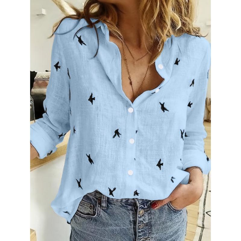 Bird Print Button Front Shirt, Casual Long Sleeve Shirt For Spring & Fall, Women's Clothing