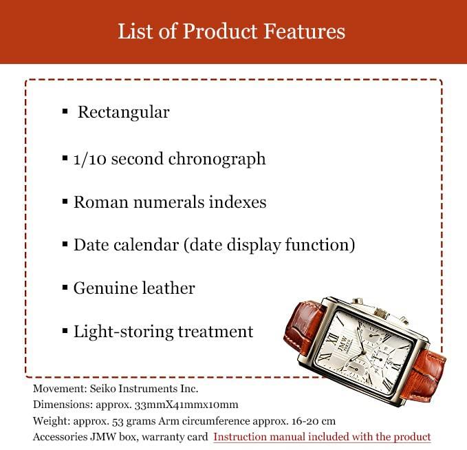 JMW TOKYO Square Gold Square Limited Seiko Quartz Leather Genuine Simple Popular for Day Gift to 300 pieces Men's Watch, & Brown, Rectangular, Men's