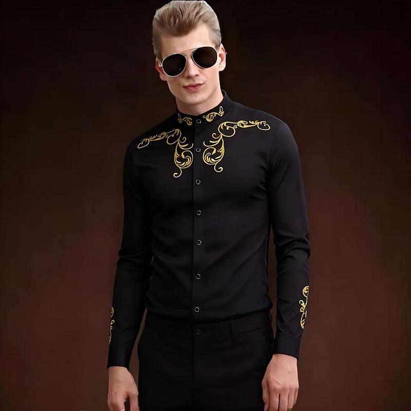 2026 Spring New European Court Style Men s Embroidered Henley Long Sleeve Shirt S