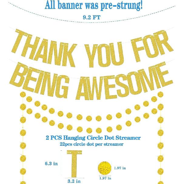 Pre-Strung Thank You for Being Awesome Gold Glitter Banner,NO NEED DIY Cute Banner Sign with 2PCS Hanging Circle Dot Streamer for Graduation