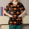 Women's Fashion Cross V Neck Short Sleeve Overalls Double Pockets Halloween Printed Tops Uniforms