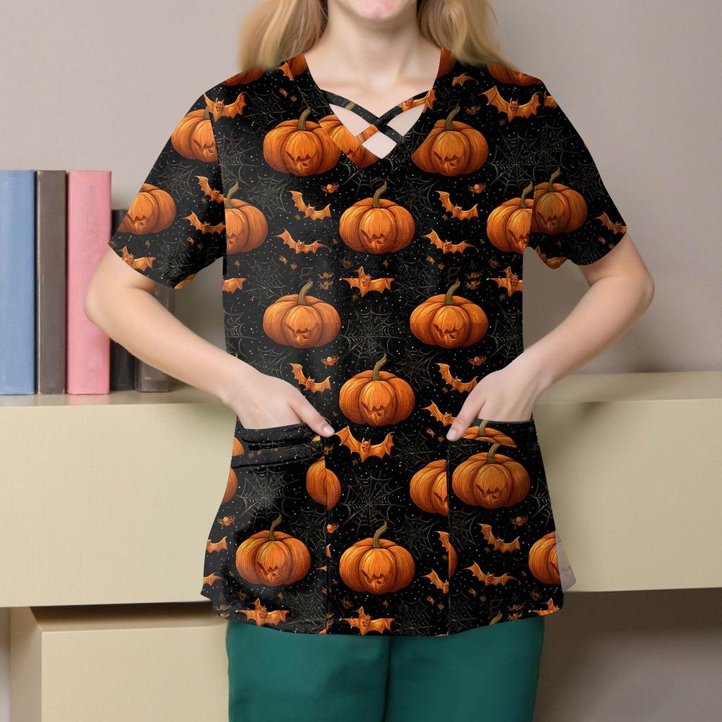 Women's Fashion Cross V Neck Short Sleeve Overalls Double Pockets Halloween Printed Tops Uniforms
