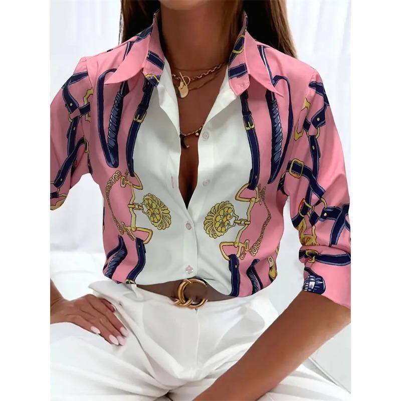 Boutique Pattern Printed Button Long Sleeve Women's Shirt Vintage Elegant Office Fashion Large Size Women's Daily Lapel Shirt