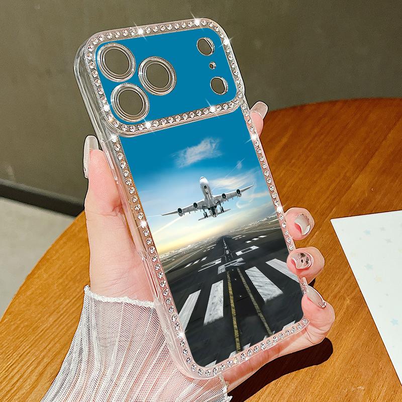 Aircraft Pattern Bling Diamond TPU Case For iPhone 17 Air 16e 16 14 15 13 17 Pro Max 15 16 Plus 17 Shockproof Soft Silicone Phone Cover