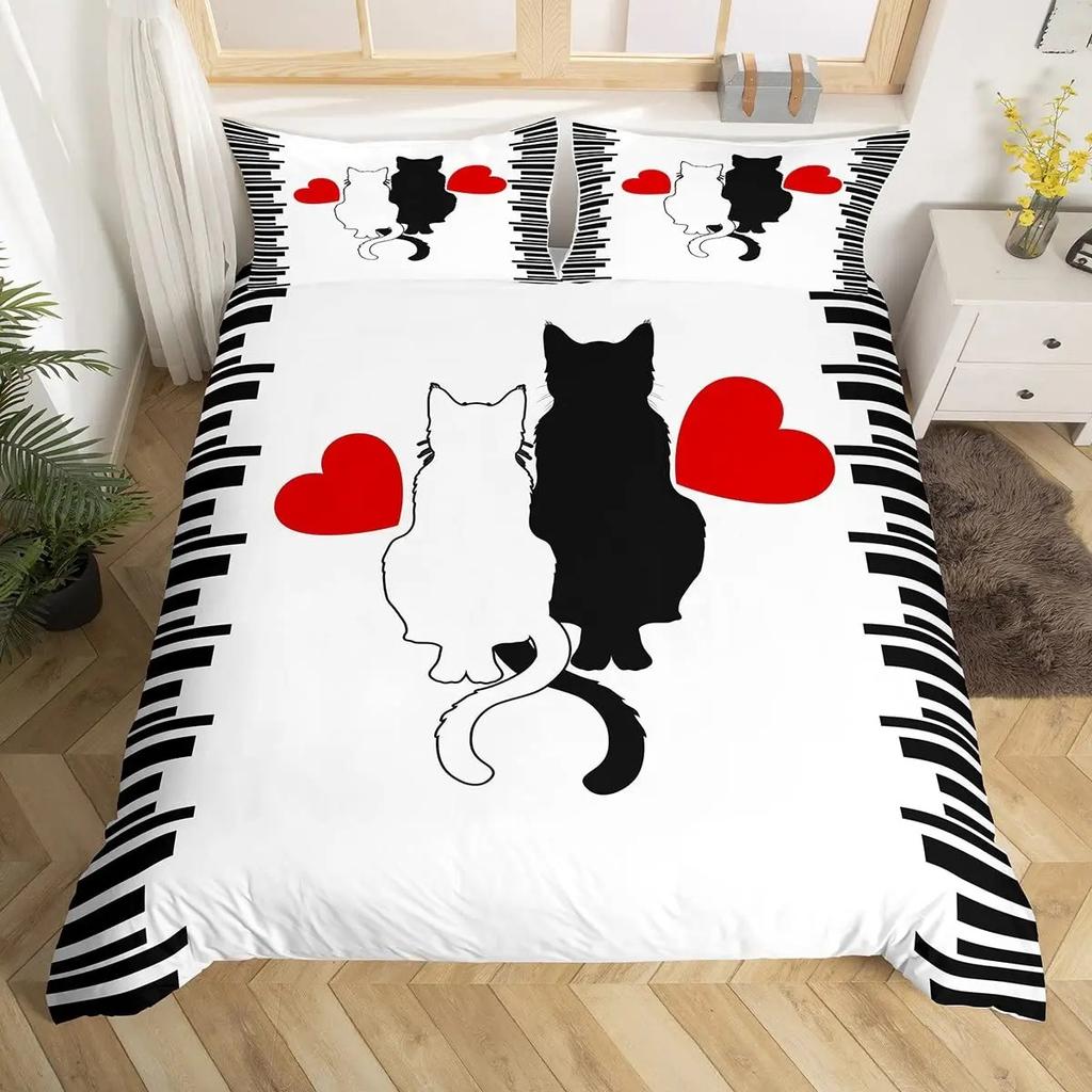 Paarvögel Bettbezug Queen Valentinstag Bettwäsche-Set Äste Tierische Steppdecke Rot Schwarz Liebesschlaftag Deckenbezug