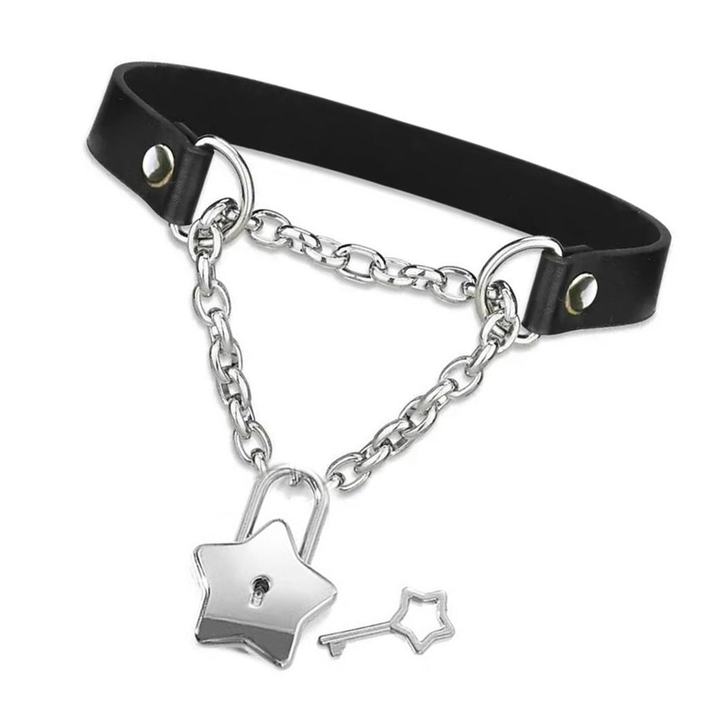 Women Black PU Leather Necklace with Padlock Heart Charm Necklace Adjustable Chain Necklace Leather Texture for Daily