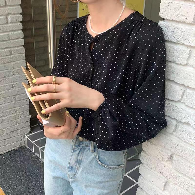 Retro French Temperament Polka Dot Printed Chiffon Shirt Versatile Bubble Sleeve Shirt Loose Top for Women