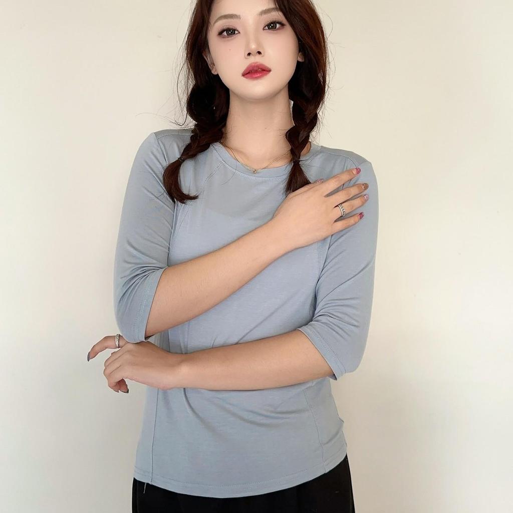 Modal Spliced O-neck T-shirt Half Sleeves Solid Color Women Base Layer Top Slimming Undershirts Basic Tee Tops All Match