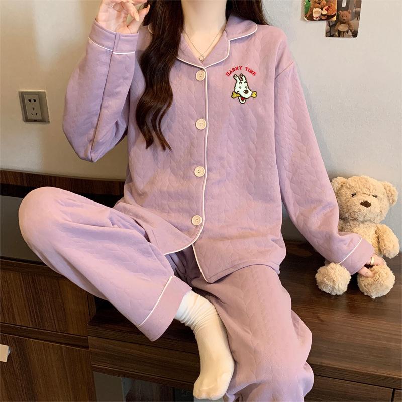 Air cotton pajamas women's autumn and winter long sleeves thickened interlayer warm stars cat student loungewear real shot