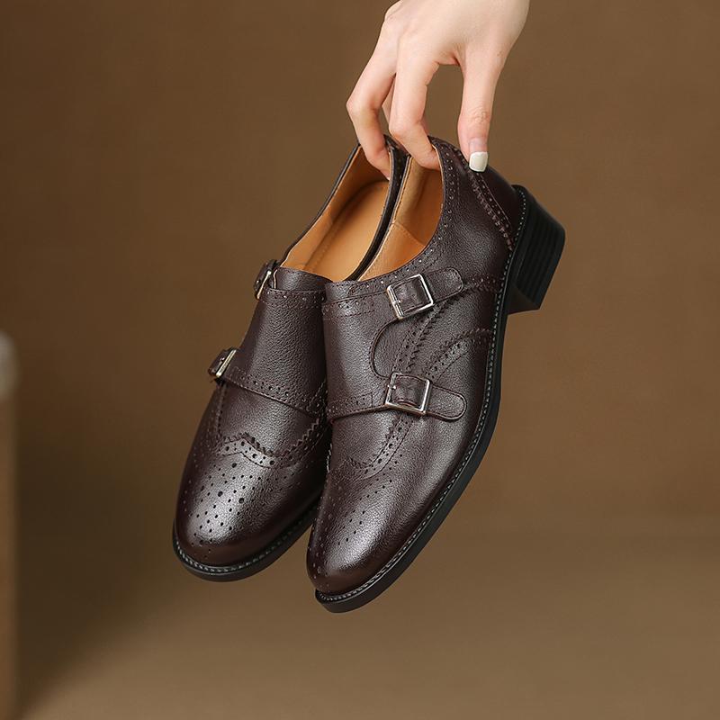 Fashion Women Oxford Low Heel 2025 Spring Shoes for Woman Genuine Leather Brogues Vintage Buckle Loafers Casual Black Brown Girls Shoes