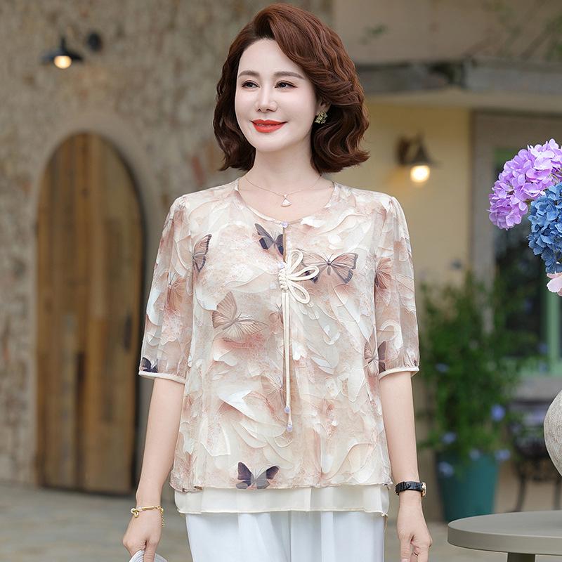 Mom s 2026 Stylish Chiffon Short-Sleeve Chinese Summer Top for Middle-Aged & Elderly Women 2XL (105-120 jin) розовый