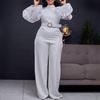 Elegant Jumpsuits Women O Neck Long Sleeve Belt High Waisted Straight Pants Female 2026 New