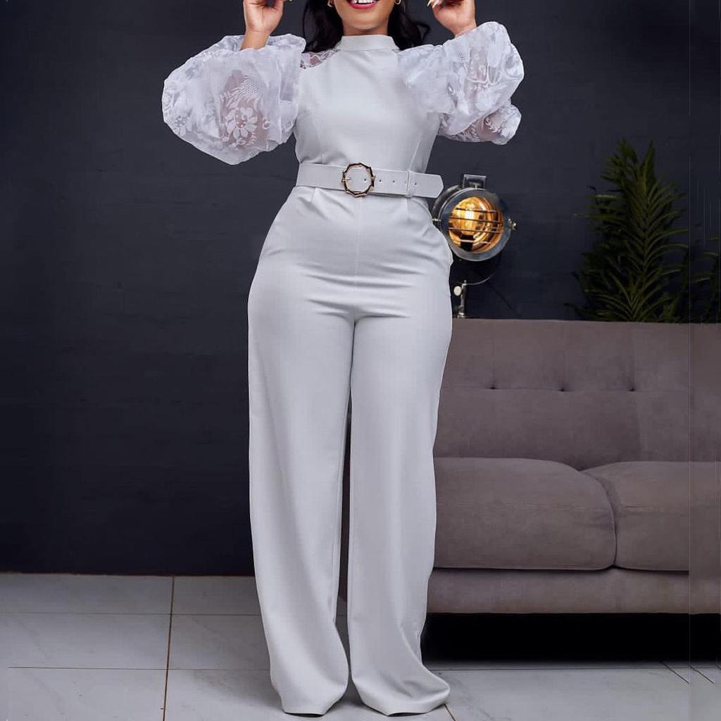 Elegant Jumpsuits Women O Neck Long Sleeve Belt High Waisted Straight Pants Female 2026 New