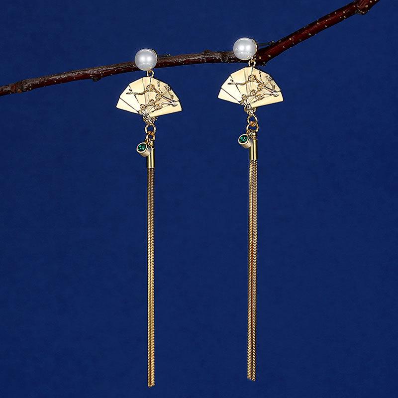 Retro Ruyi Tassel Fan-shaped Stud Earrings - Chinese Style
