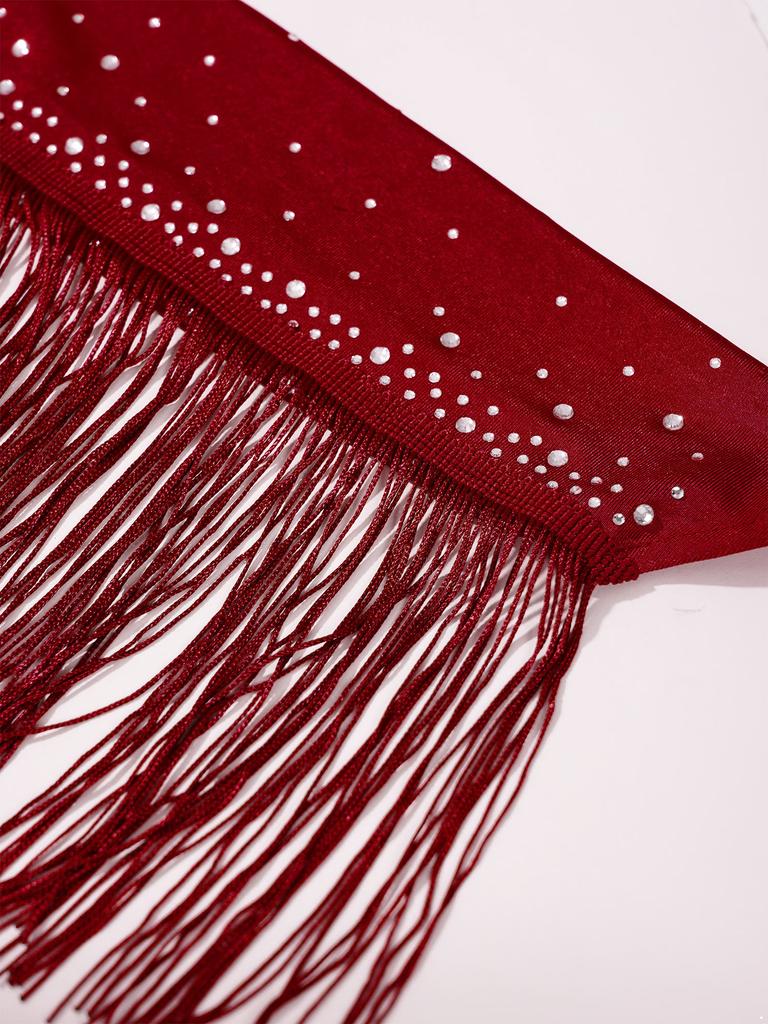 Girls Tassels Latin Dance Leotard Mock Neck Long Sleeve Cutout Back Sparkling Rhinestones Fringe Bodysuit