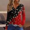 Women's T Shirt Tee Christmas Printed Button Long Sleeve Tunic Daily Weekend Fashion Basic V- Neck Regular Top