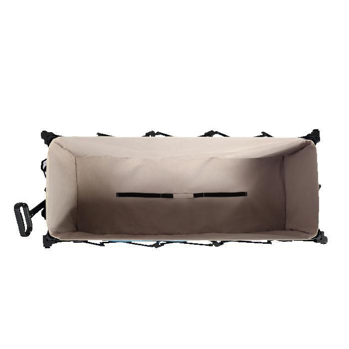 Chariot télescopique pliable, équipé de grands pneus tout-terrain adaptés aux plages de sable et d'un porte-boissons. Bleu.