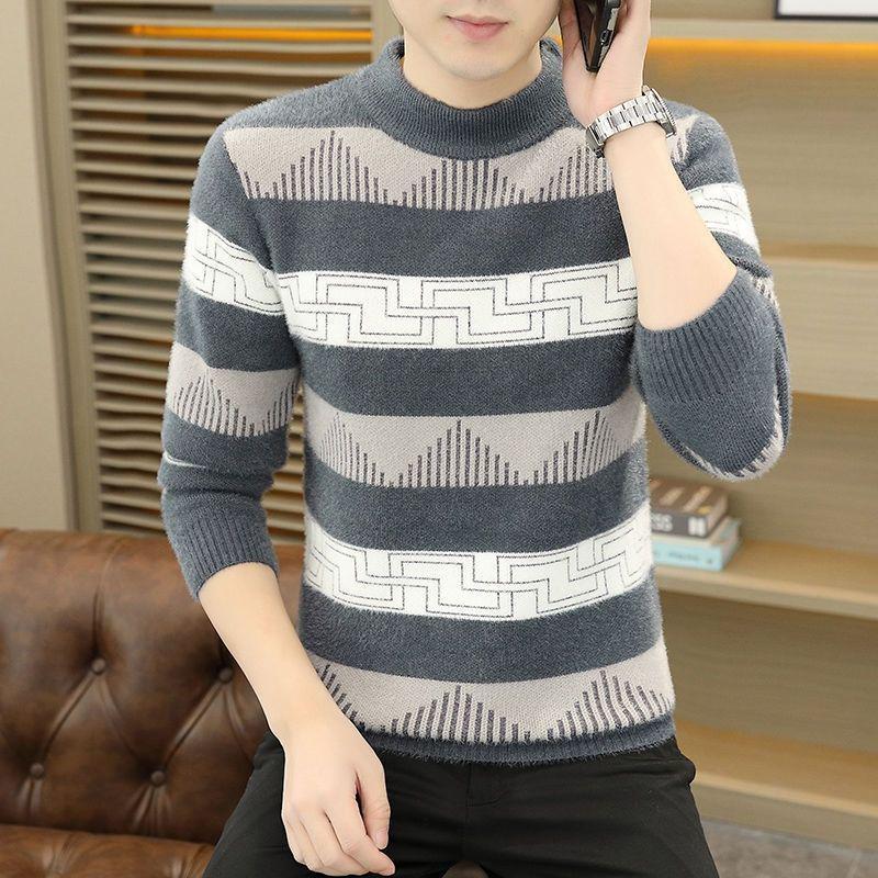 

Men s Half-High Neck Knitted Sweater - Faux Mink Velvet, Thickened for Autumn & Winter Warmth, Fashionable Layering Piece. 3XL (150-165 jin)
