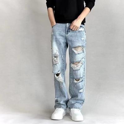 American High Street Retro Washed Old Summer Ripped Jeans Men's Loose Straight Trendy Brand Ruffian Handsome Wide-leg Pants