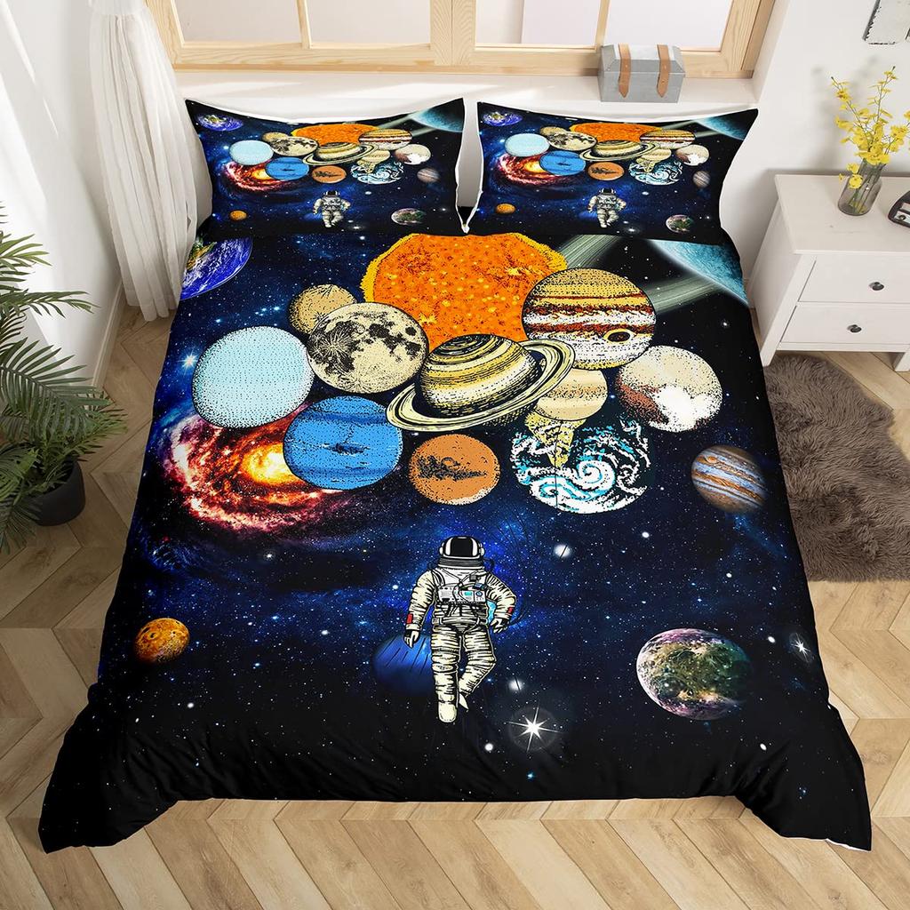 Astronaut Soft Duvet Cover Set Quen Sized Dimensions, Outer Space Beding Set 3pcs for Children Kids Young Girls Adult Peoples,Warm Comforter Cover