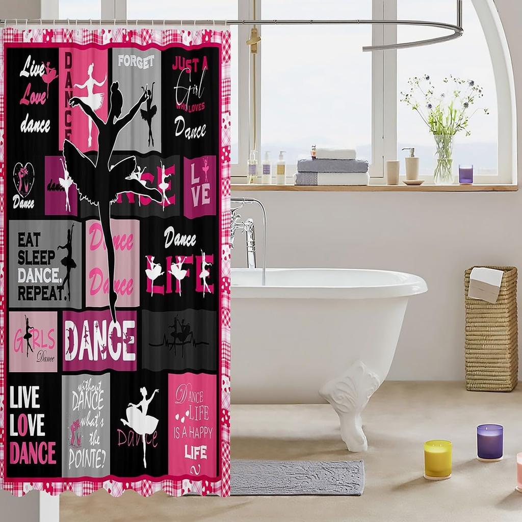 Manfei Kids Dance Shower Curtains Ballet Dance Theme Waterproof Bath Curtains with 12 Hooks Suits for Bathtub, Ballet Princess Dancer Bathroom