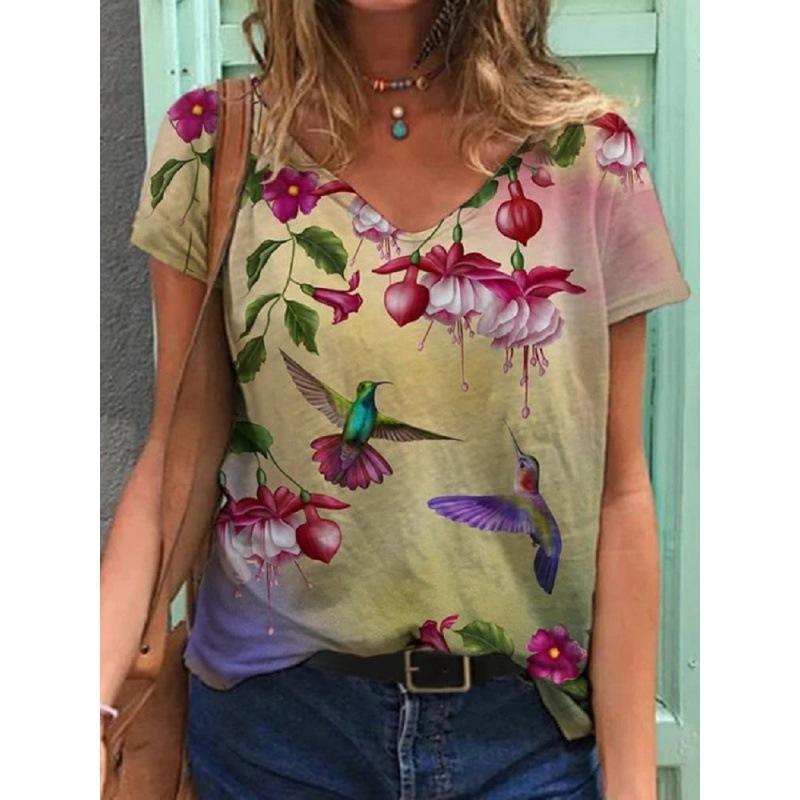 Ladies' Casual Summer Pullover V-neck T-shirt with Floral 3D Printing Short Sleeved Loose Women's Top T-Shirts Women’s