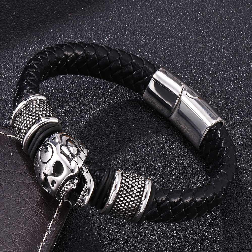 Men's European/American Cowhide Woven Bracelet with Stainless Steel Skull