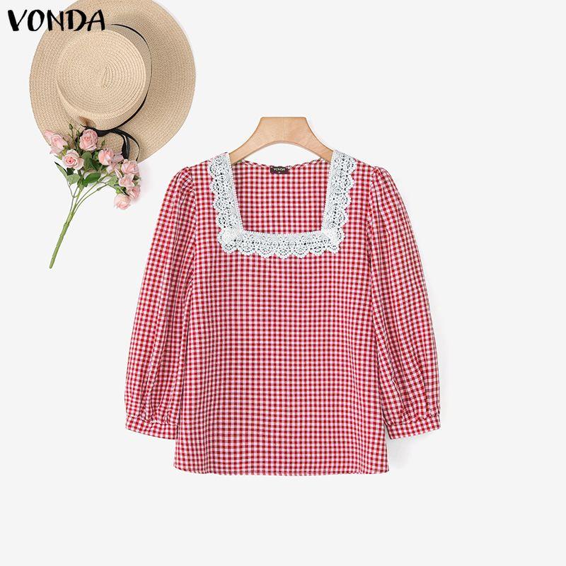 

VONDA Women Casual Lace Square Neck Grid Print 3/4 Sleeve Blouse 5XL красный