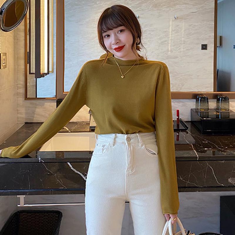 Ladies autumn winter Long Sleeve stand Collar slim fit Basic Solid Color Pullover T Shirt Top for Layering