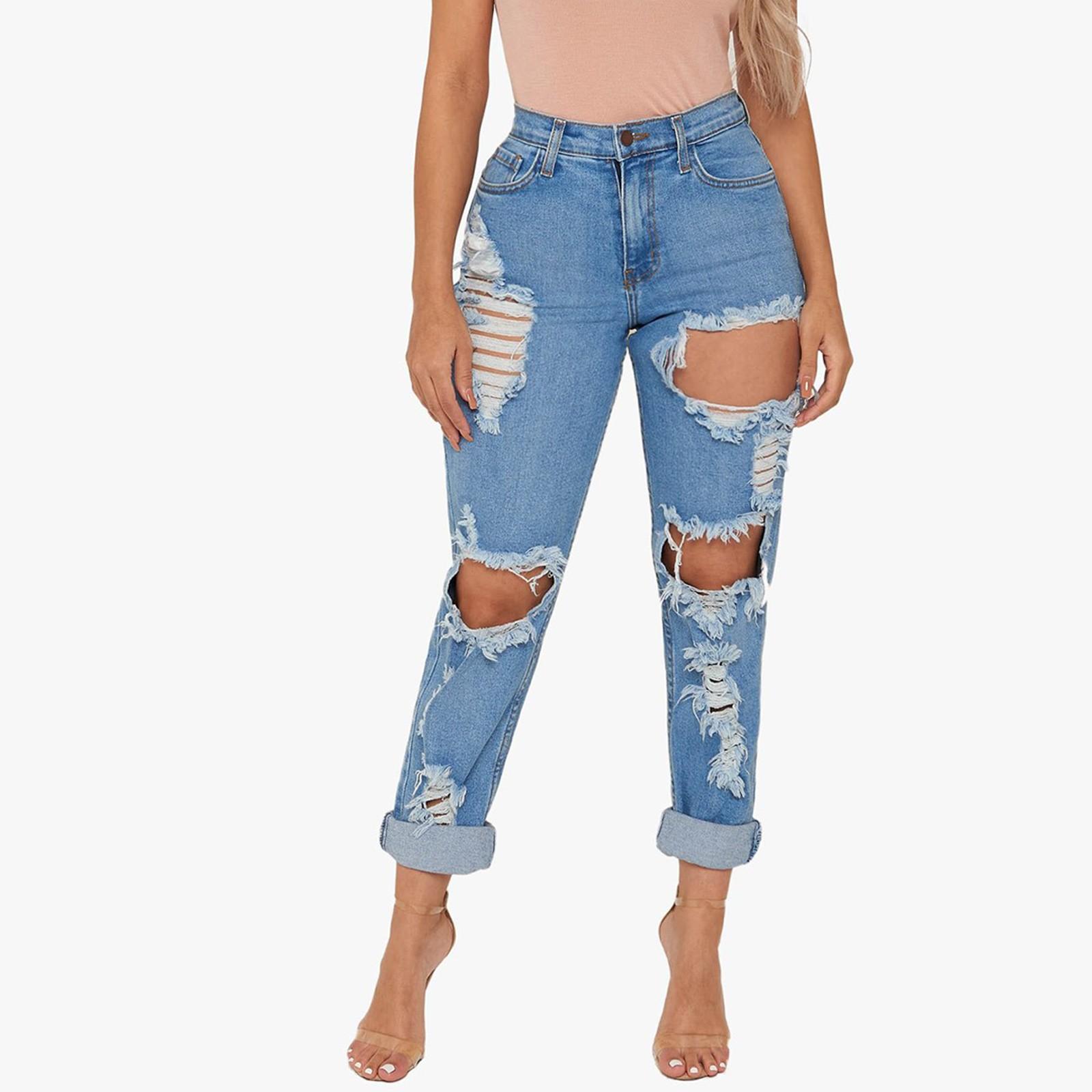 

Женские прямые брюки с высокой посадкой, большие рваные брюки, сексуальные облегающие джинсы с высокой посадкой