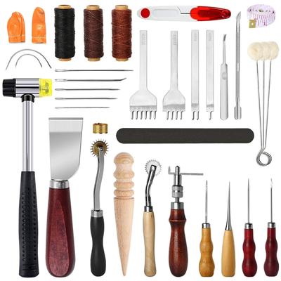 Samcos Kit d'outils en cuir pour maroquinerie Cuir d'entraînement Aiguilles à cuir et Outil de perforation Outil de coupe du cuir Polissage diamant Mesure de bord Colle