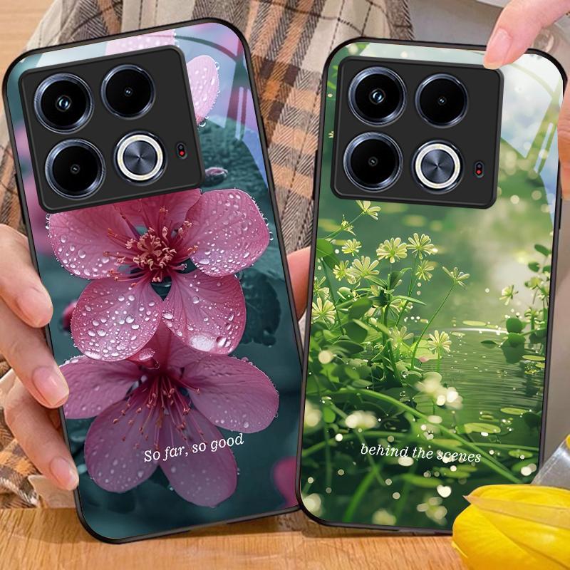 Blue Flower Element For Infinix Note 40 4G 30i 12 G96 Smart 8 Hot 9 Play 10 11S 12 20i 50 Pro Plus 5G Tempered Glass Phone Case